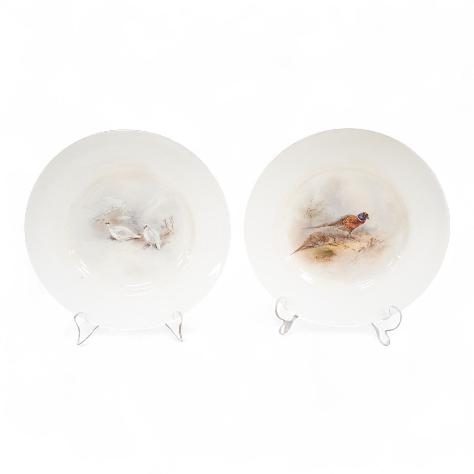 James Stinton for Royal Worcester, a pheasant painted plate, signed and a similar but unsigned ptarmigan plate